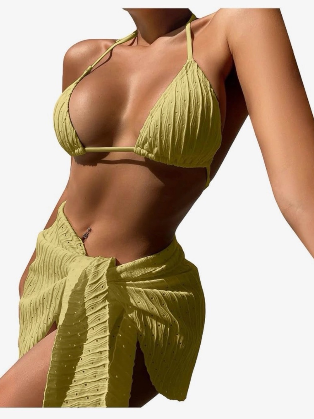 Yellow 3-Piece Bikini Set with Sarong Cover-Up | Size M